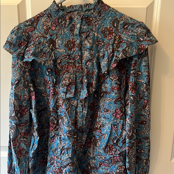 LOFT Tops - LOFT Black and Blue Ruffled Bib Collar Blouse